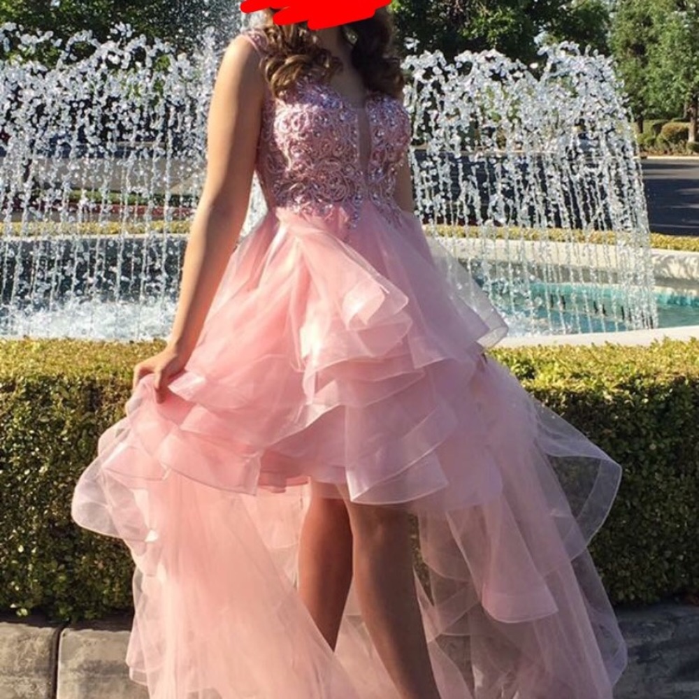 Pink High Low Ruffle Embellished Prom Dress - Picture 5 of 6
